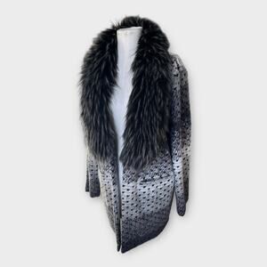 Donna Salyers Fabulous Furs Knit Cardigan Coat Faux Fur Collar Gray Black XL